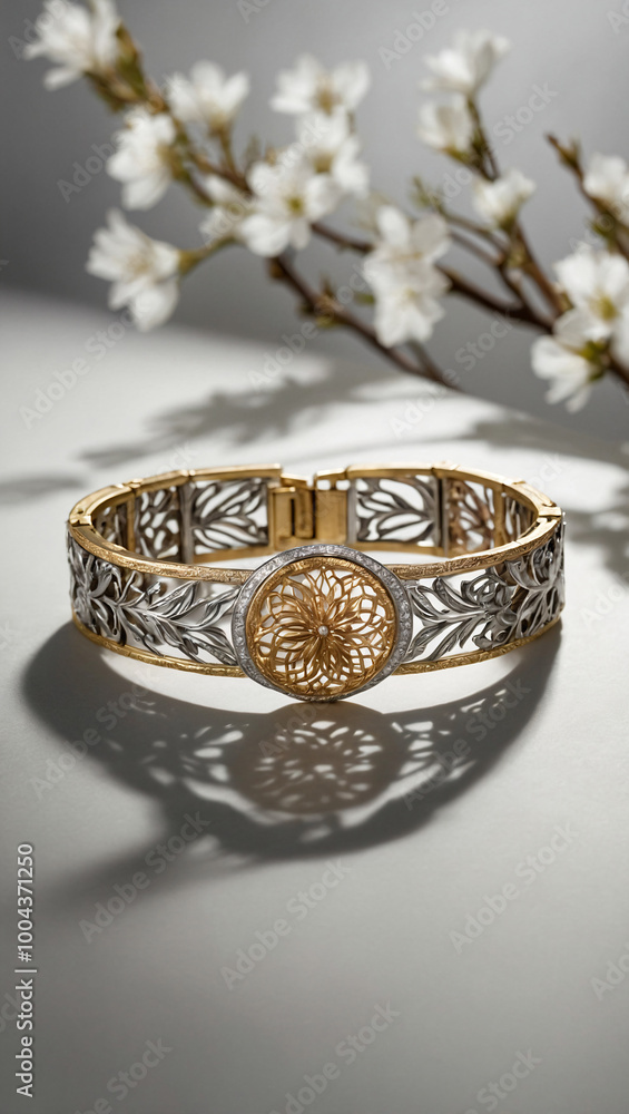 A bracelet features intricate gold and silver designs.