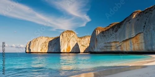 Pristine Beach with Crystal Clear Water and Limestone Cliffs Under a Blue Sky. photo