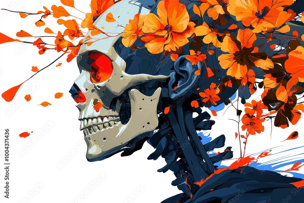 Obraz premium Skull with Orange Flowers