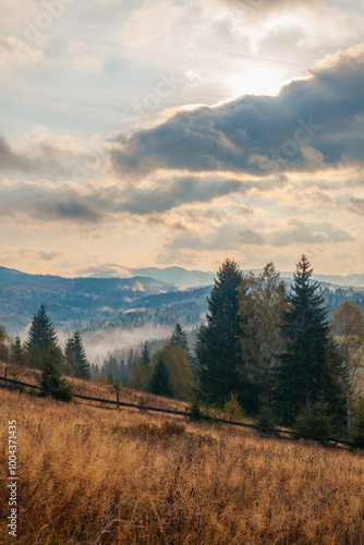 Sunrise misty morning taken in Carpathian mountains, Ukraine photo