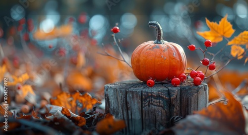Pumpkin on Tree Stump With Berries