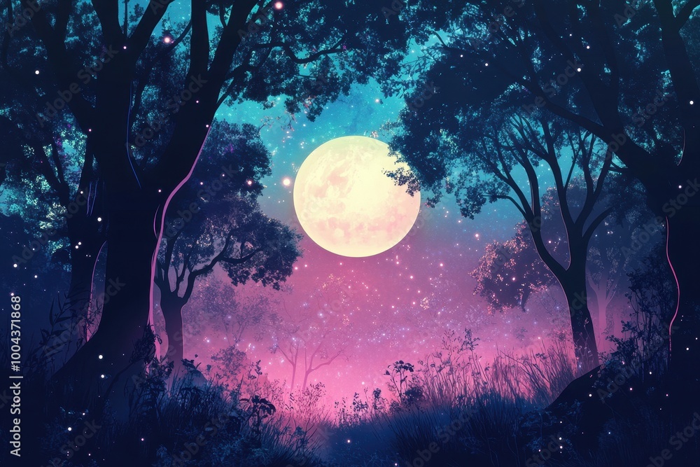 Silhouetted Trees and a Full Moon in a Night Sky with Glowing Lights Silhouetted Trees and a Full Moon in a Night Sky with Glowing Lights