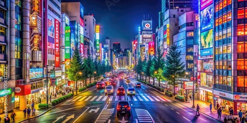 Vibrant Neon Streets of Akihabara at Night - A Long Shot of Tokyo's Electric Downtown Scene photo