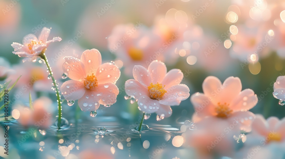 A romantic and elegant artistic image with a soft focus of a flower pink daisy in a summer morning with dew on the grass closeup. Generative AI A romantic and elegant artistic image with a soft focus of a flower pink daisy in a summer morning with dew on the grass closeup. Generative AI