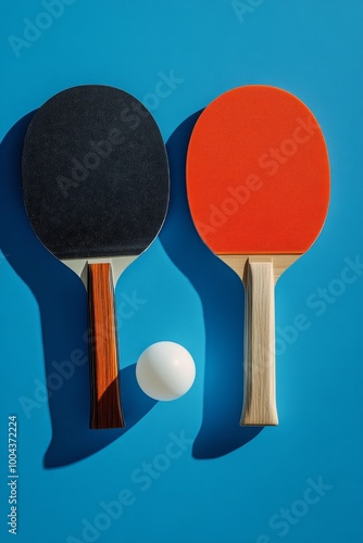 Two table tennis paddles with a ping pong ball on a blue background