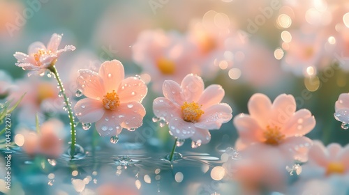 A romantic and elegant artistic image with a soft focus of a flower pink daisy in a summer morning with dew on the grass closeup. Generative AI #1004372278