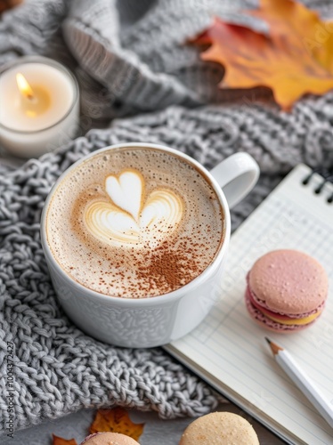 Warm Coffee With Heart Latte Art and Macarons on Cozy Knit Blanket in Autumn