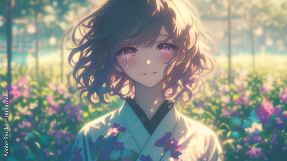 Naklejka premium 涙を流すアニメ調の日本人美少女