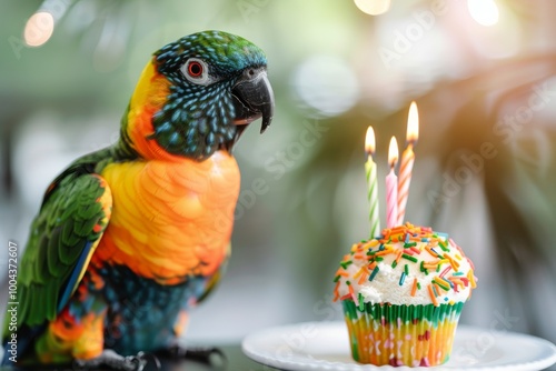Colorful Parrot Celebrates Birthday With Cupcake and Candle