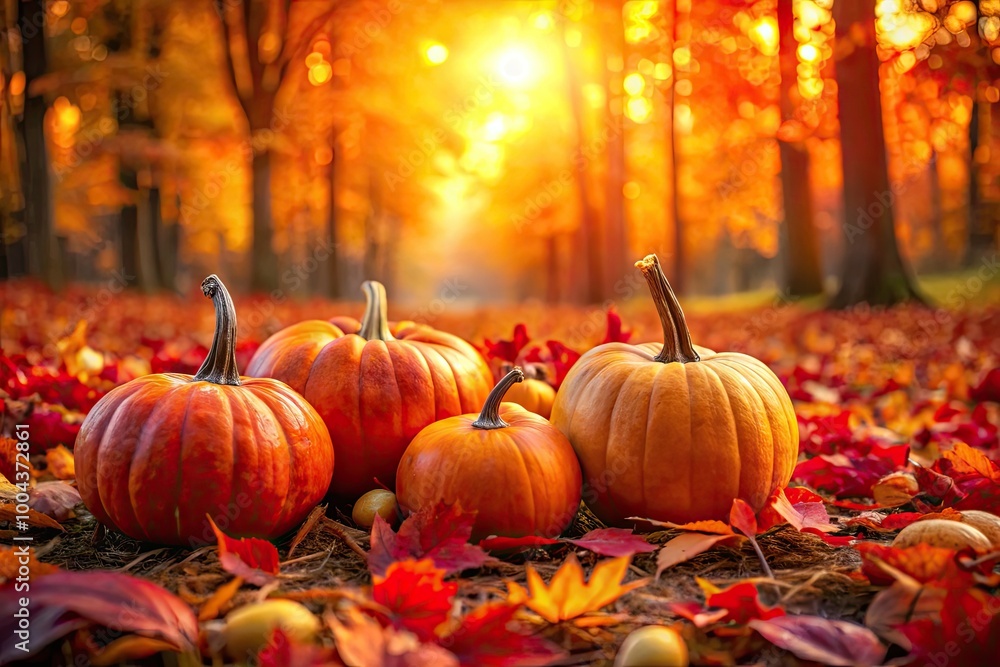 Vibrant Pumpkins on Red Leaves in Autumn Forest with a Beautiful Defocused Sunset Background Vibrant Pumpkins on Red Leaves in Autumn Forest with a Beautiful Defocused Sunset Background