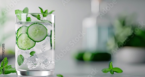 Refreshing Cucumber Mint Beverage With Ice in Glass on Modern Kitchen Counter
