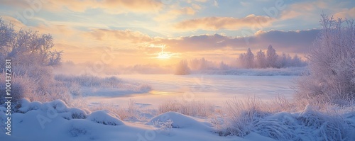 Snow-covered landscape with sunrise over frozen