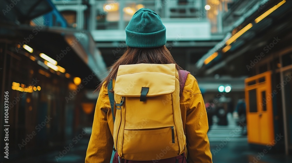 Person with backpack walking in urban setting. Person with backpack walking in urban setting.