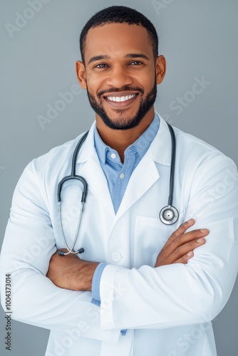 Smiling male doctor in a white coat with a stethoscope, standing against a gr...
