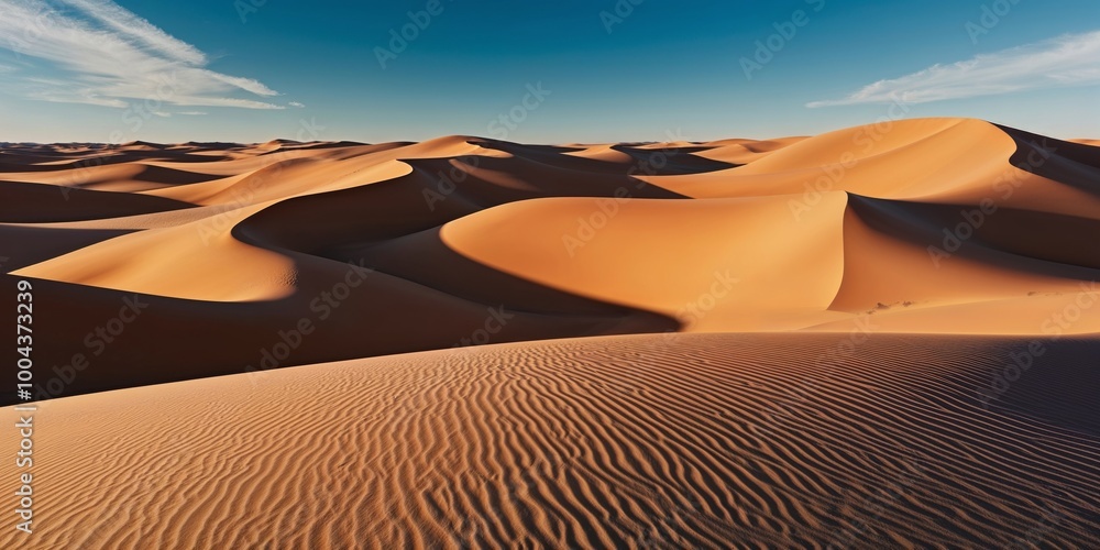Naklejka premium Golden desert landscape with sand dunes under a clear blue sky.