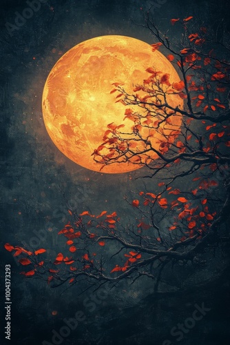Eerie landscape at night with a full moon and flying bats in darkened woods