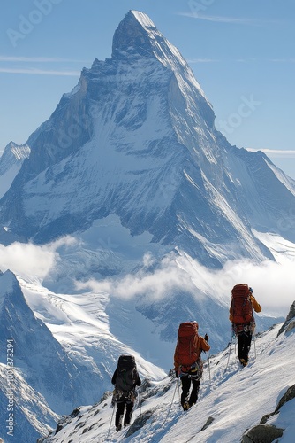 Climbers ascend snowy slopes with Matterhorn peak rising in the background du...