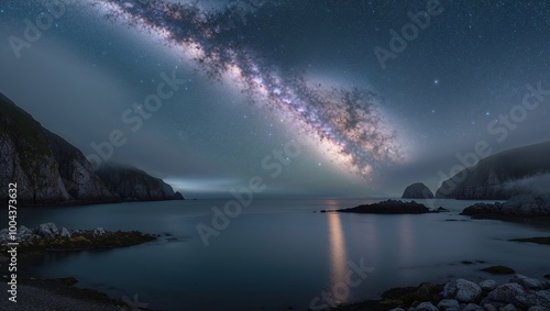 Milky Way Arcing Over a Coastal Inlet at Night.