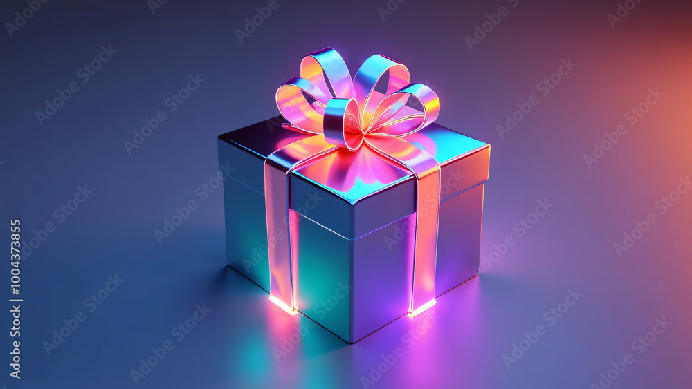 christmas gift box with neon lights, empty space christmas gift box with neon lights, empty space