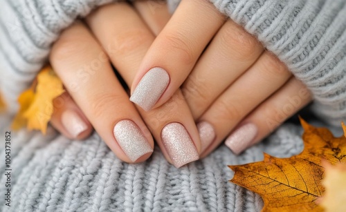 Elegant autumn manicure with glitter polish and cozy sweater among fallen leaves