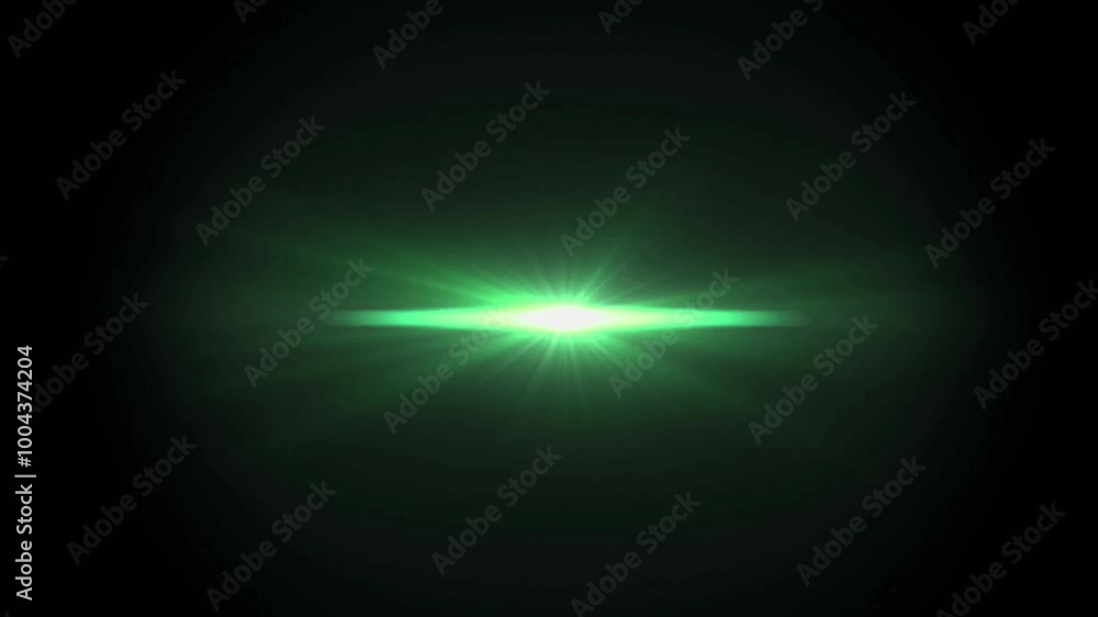 Realistic green light lens flare on black background.