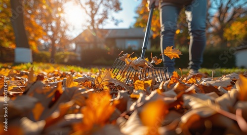 Person Raking Fallen Leaves in Autumn