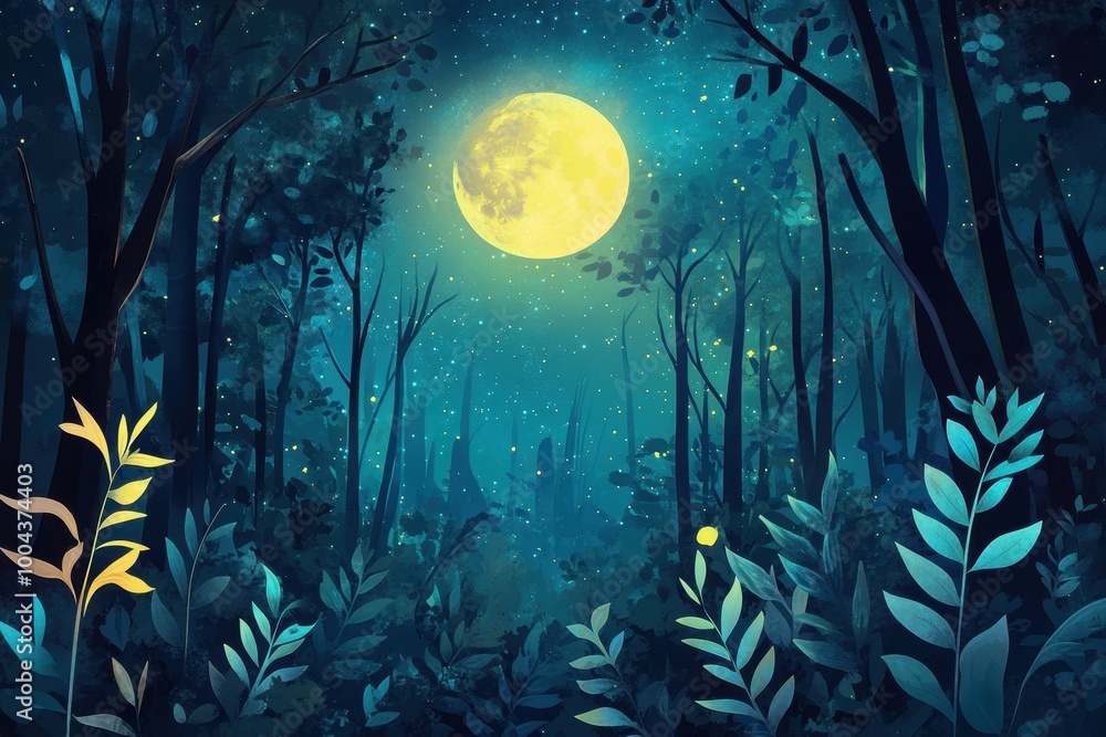 A Full Moon Shining Through the Canopy of a Lush Forest at Night A Full Moon Shining Through the Canopy of a Lush Forest at Night