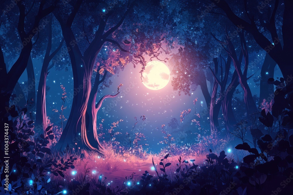 A Mystical Forest Path Lit by Moonlight and Glowing Lights A Mystical Forest Path Lit by Moonlight and Glowing Lights
