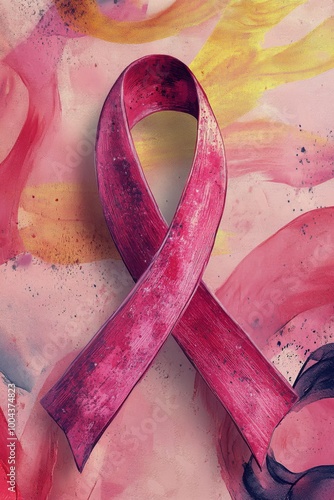 Pink satin ribbon bow on textured surface with water droplets
