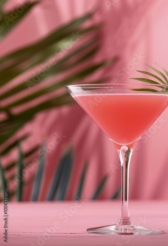 Pink Cocktail With Tropical Leaf on a Pink Background