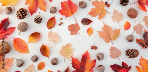 Autumn Leaves and Acorns Display on White Surface in Fall Season