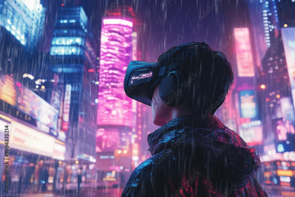 A man wearing a VR headset is standing in the rain in front of a city skyline. The scene is set in a futuristic city with neon lights and tall buildings. The man is enjoying the VR experience A man wearing a VR headset is standing in the rain in front of a city skyline. The scene is set in a futuristic city with neon lights and tall buildings. The man is enjoying the VR experience