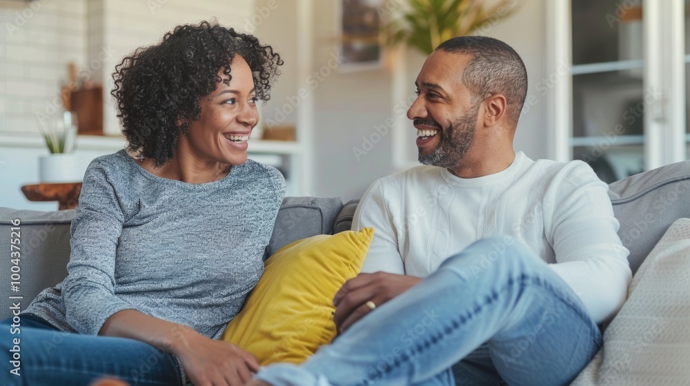 Obraz premium Affectionate mature couple relaxing on a sofa, enjoying a conversation and strengthening their bond in a cozy living space
