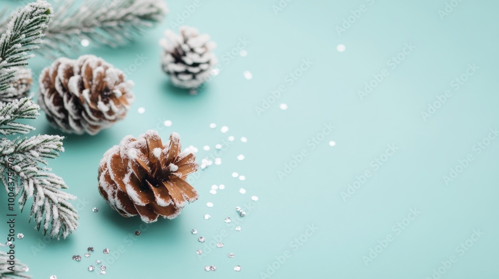Pine cones and branches covered in snow with silver confetti. Minimalistic winter theme with pastel green background and copy space. Pine cones and branches covered in snow with silver confetti. Minimalistic winter theme with pastel green background and copy space.