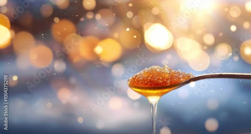 Golden Honey Dripping From A Spoon With Sparkling Dust In Soft Natural Light