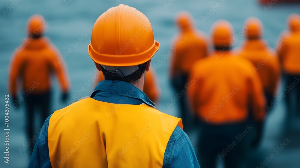 A man in an orange safety suit stands on a boat looking out at the ocean. The man is wearing a hard hat and a reflective vest. The scene is calm and peaceful, with the man looking out at the water A man in an orange safety suit stands on a boat looking out at the ocean. The man is wearing a hard hat and a reflective vest. The scene is calm and peaceful, with the man looking out at the water