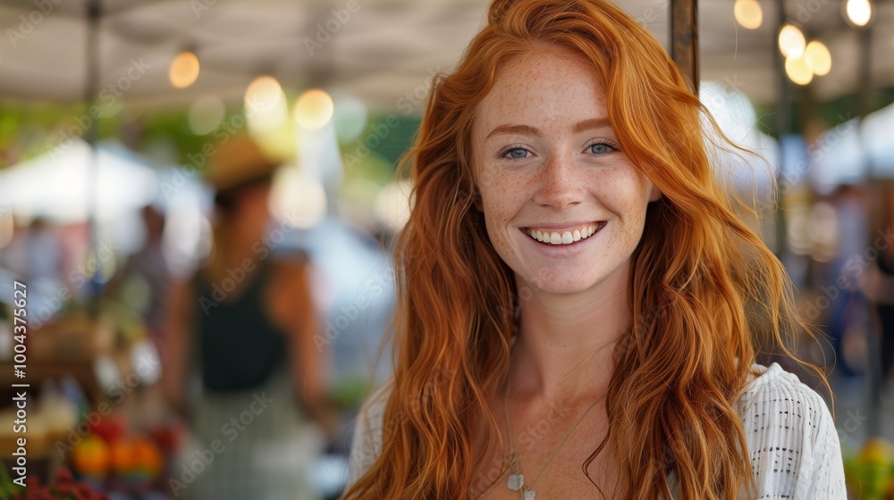 Portrait of a smiling red-haired woman at the farmer's market Portrait of a smiling red-haired woman at the farmer's market