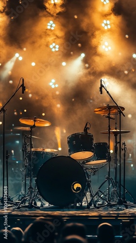 Drum Kit on Stage with Microphones and Lights, AI generated illustration