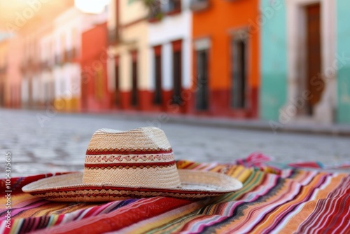 Straw Hat on Colorful Blanket in Mexico