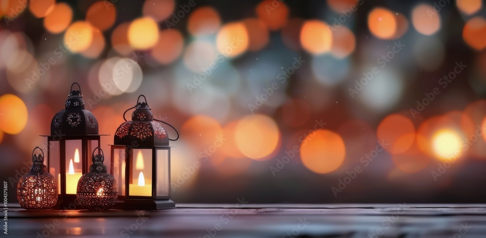 Decorative Lanterns on Wooden Surface With Blurred Bokeh Lights at Dusk Decorative Lanterns on Wooden Surface With Blurred Bokeh Lights at Dusk