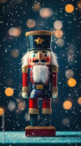 Festive nutcracker figurine standing on a mint table, with a deep navy background and holiday bokeh, copy space, Merry Christmas background, traditional holiday decor, festive nutcracker display