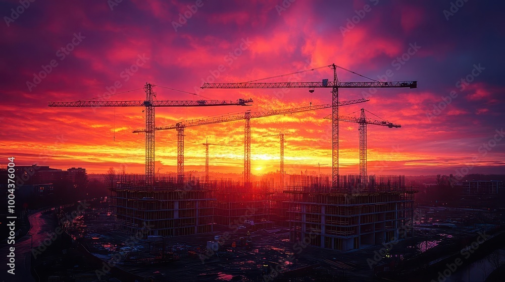 vivid construction site at sunset cranes silhouetted against vibrant orange and purple clouds with building materials scattered creating a dynamic scene of urban development and progress vivid construction site at sunset cranes silhouetted against vibrant orange and purple clouds with building materials scattered creating a dynamic scene of urban development and progress