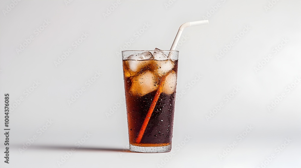 Refreshing Chilled Fizzy Cola Beverage in Frosty Glass with Ice Cubes and Straw Refreshing Chilled Fizzy Cola Beverage in Frosty Glass with Ice Cubes and Straw