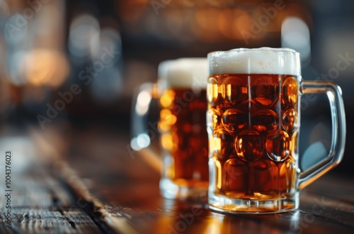 Refreshing Glasses of Cold Beer on Wooden Bar During Evening Gathering