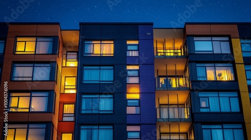 Colorful apartment buildings illuminated at night under a starry sky