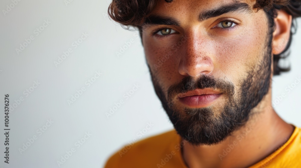 Confident young man in a studio portrait showcasing trendy style with a beard and yellow golf t-shirt against a white background Confident young man in a studio portrait showcasing trendy style with a beard and yellow golf t-shirt against a white background