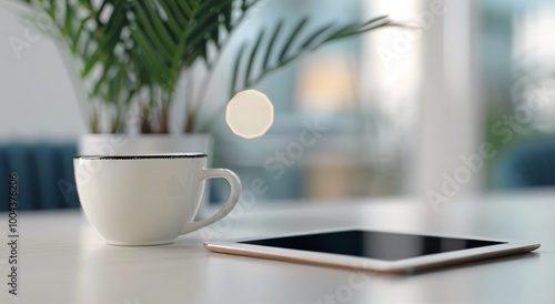 Modern Workspace With Tablet and Potted Plant in Bright Office Environment