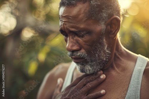 Senior male experiencing heart issues during outdoor exercise; focuses on fitness emergencies, asthma, and muscle pain related to cardiac health risks photo