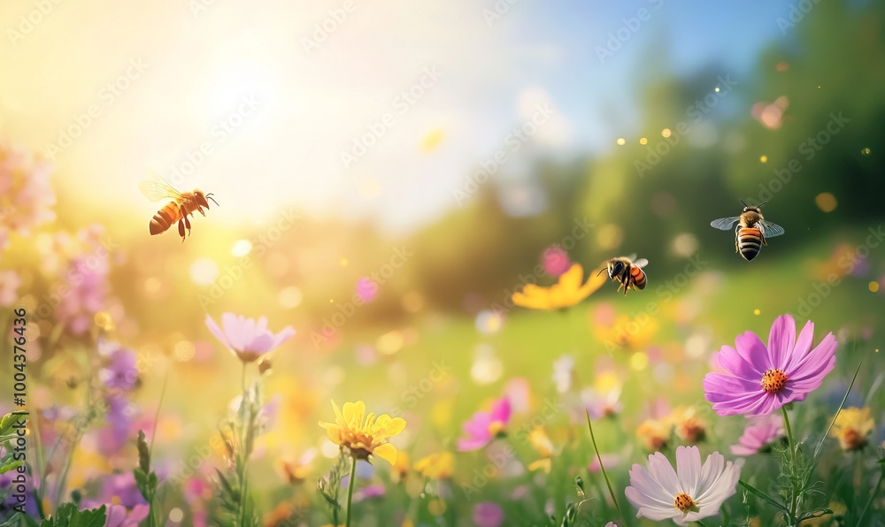 Vibrant Spring Meadow with Wild Flowers and Bees, AI generated illustration Vibrant Spring Meadow with Wild Flowers and Bees, AI generated illustration
