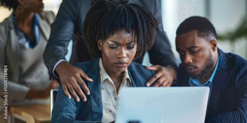 Unprofessional behavior in the workplace involving inappropriate physical contact between a male colleague and a female employee, highlighting issues of harassment and exploitation